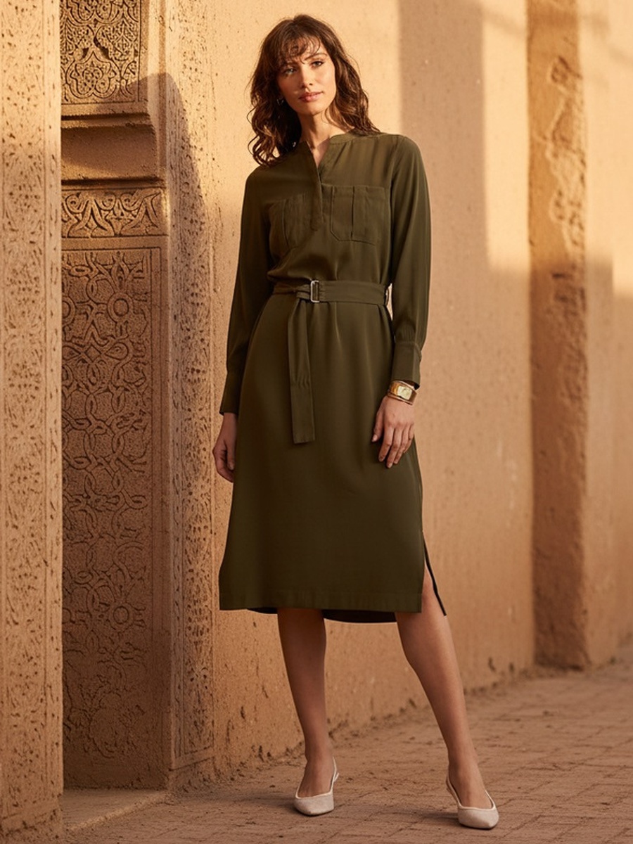 Polytwill Belted Utility Midi Dress