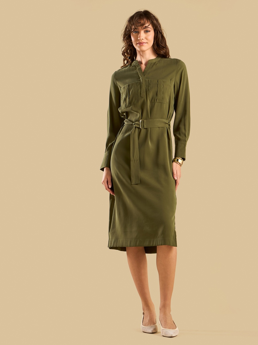 Polytwill Belted Utility Midi Dress
