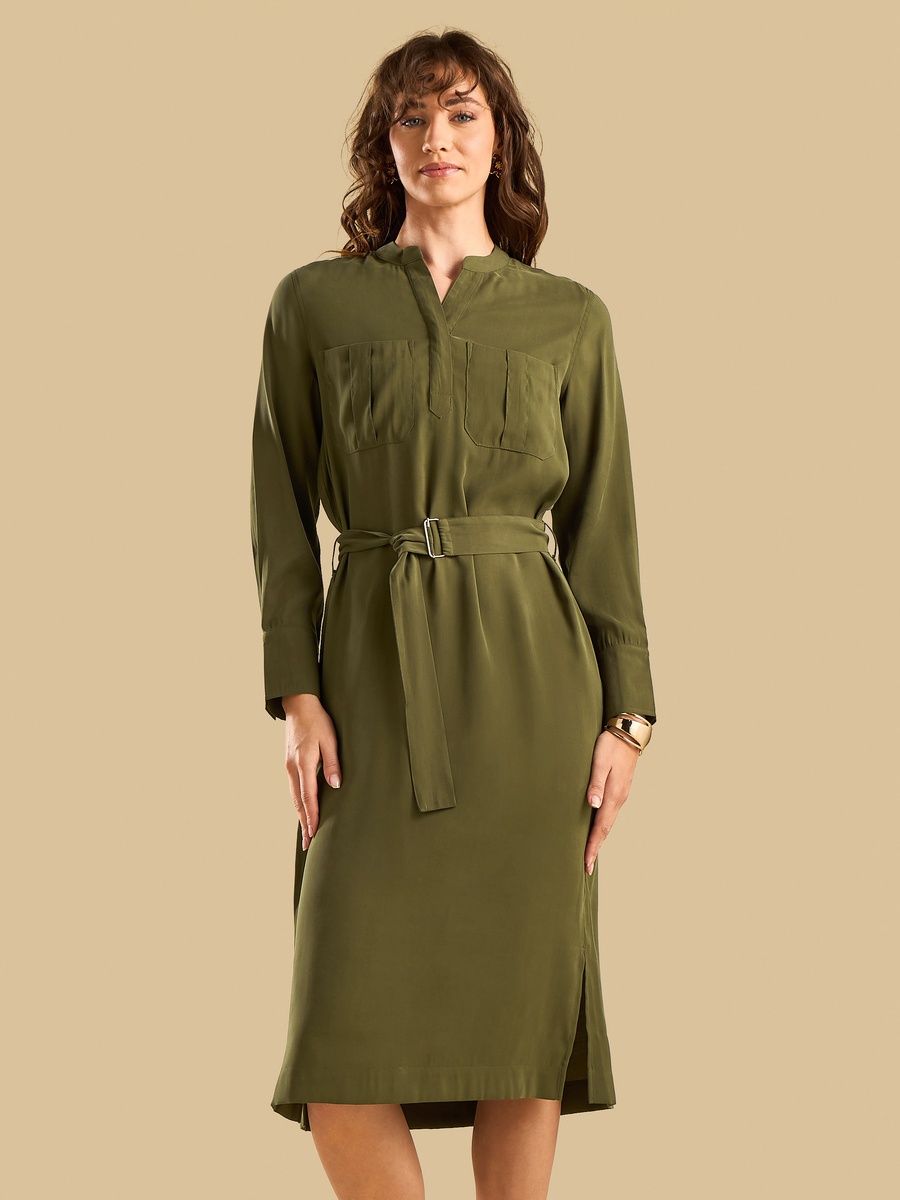Polytwill Belted Utility Midi Dress