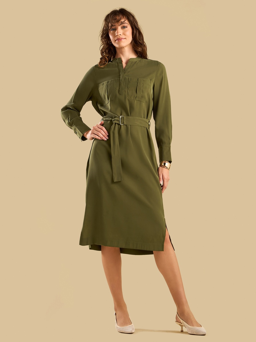 Polytwill Belted Utility Midi Dress