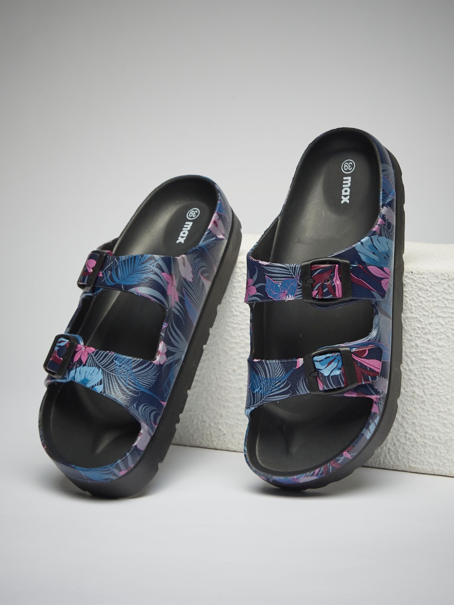 Floral Print Beach Slippers with Buckle Detail