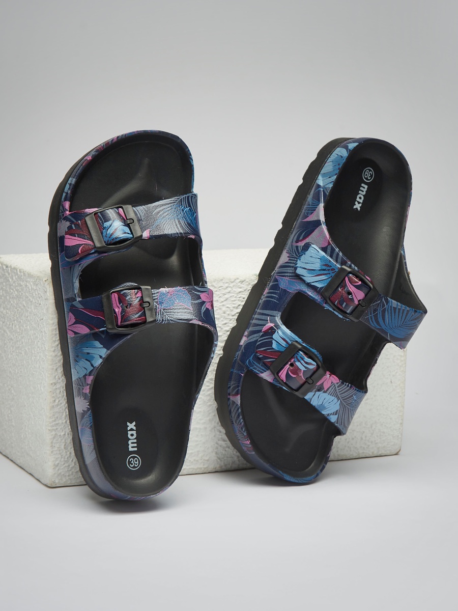 Floral Print Beach Slippers with Buckle Detail