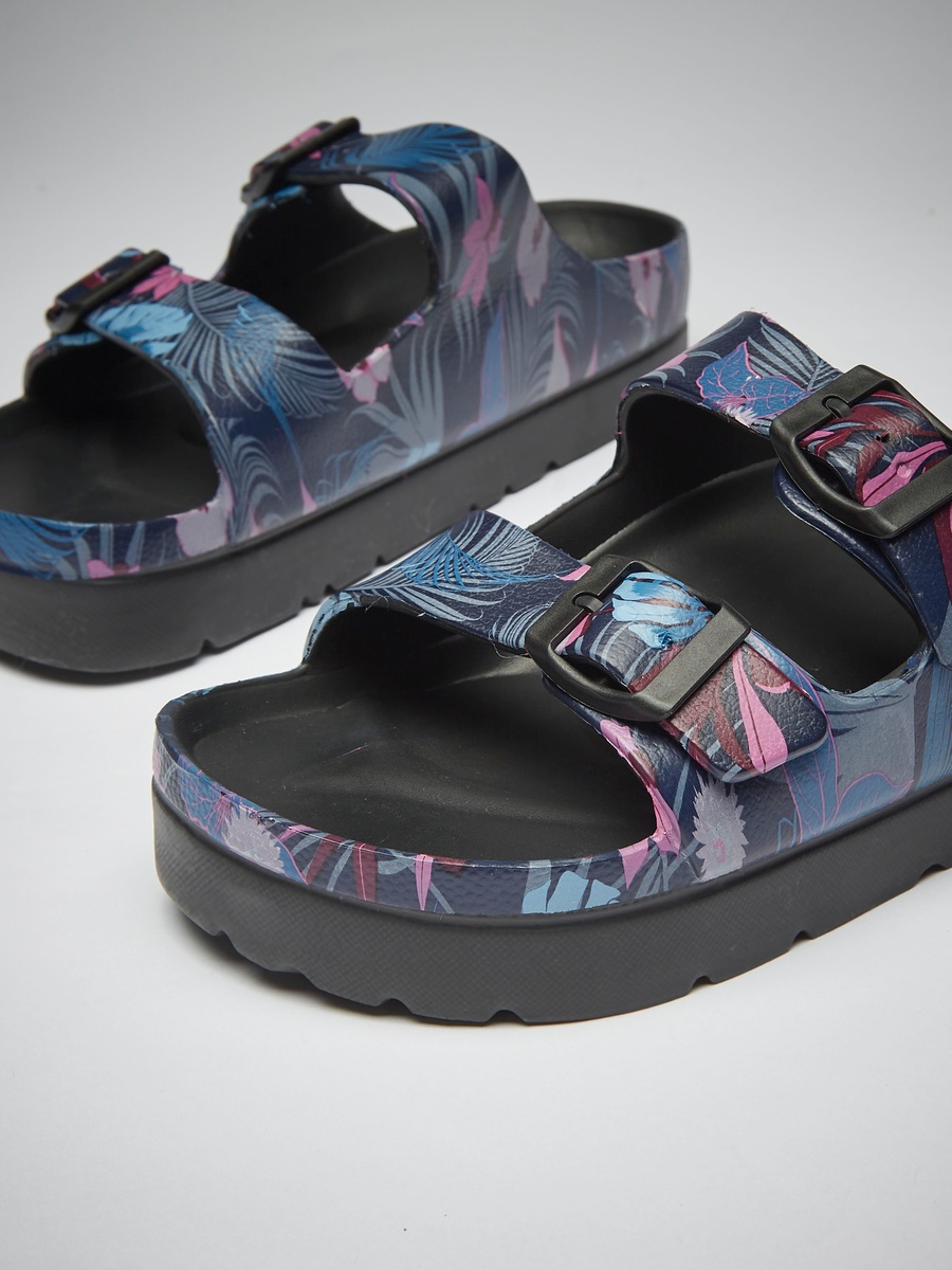 Floral Print Beach Slippers with Buckle Detail