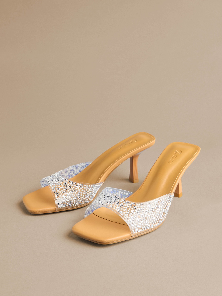 Embellished Slip-On Sandals with Stiletto Heels