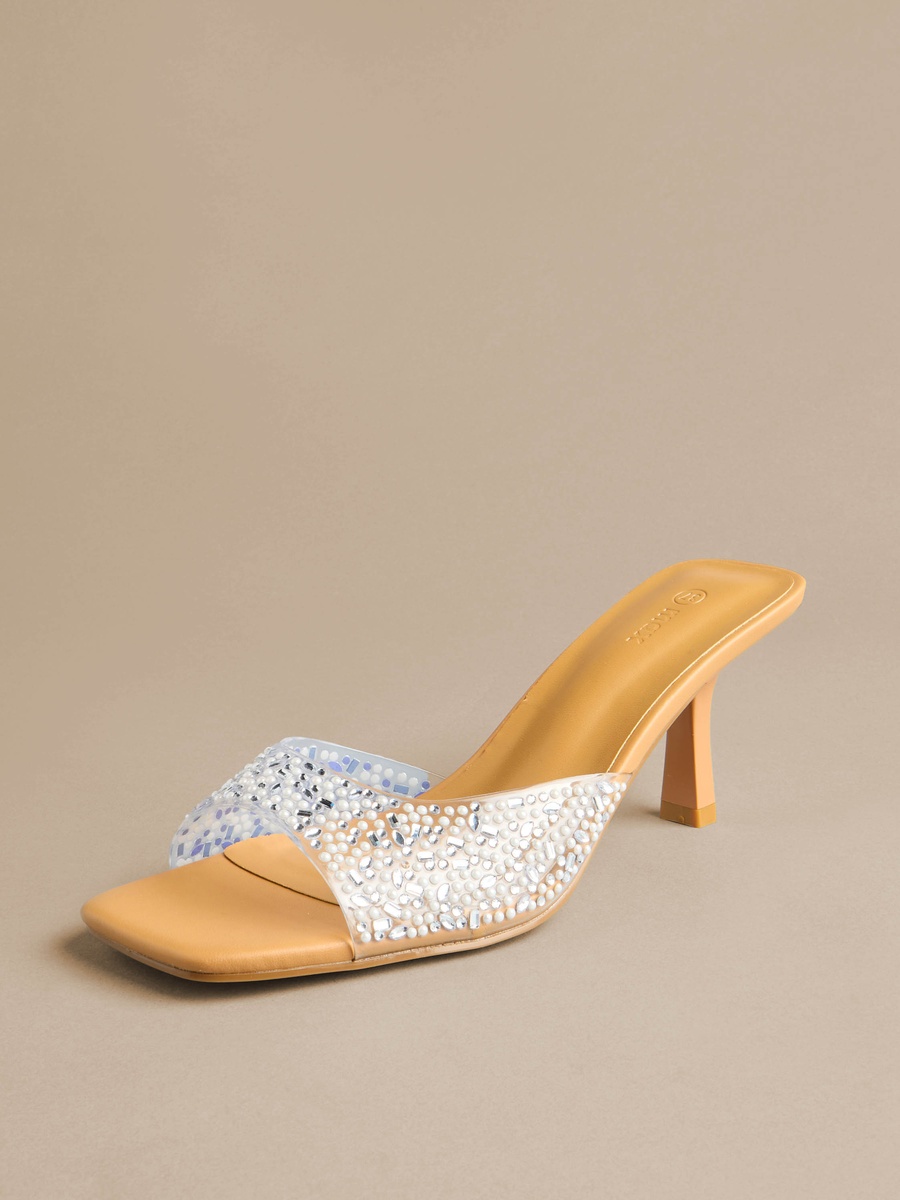 Embellished Slip-On Sandals with Stiletto Heels