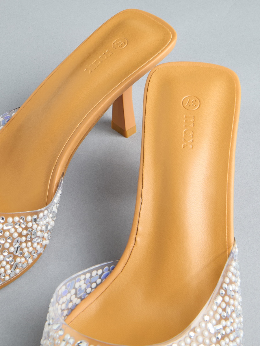 Embellished Slip-On Sandals with Stiletto Heels