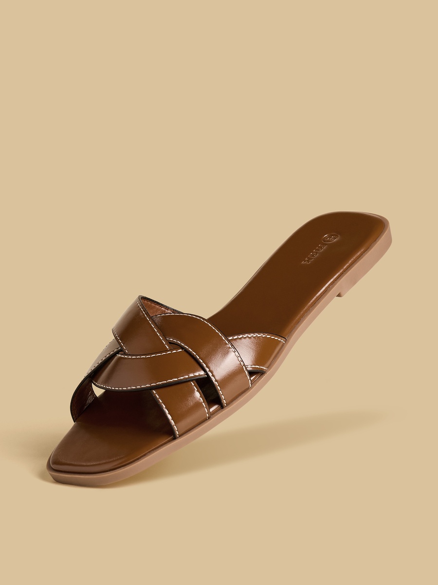 Textured Cross Strap Slip-On Flat Sandals