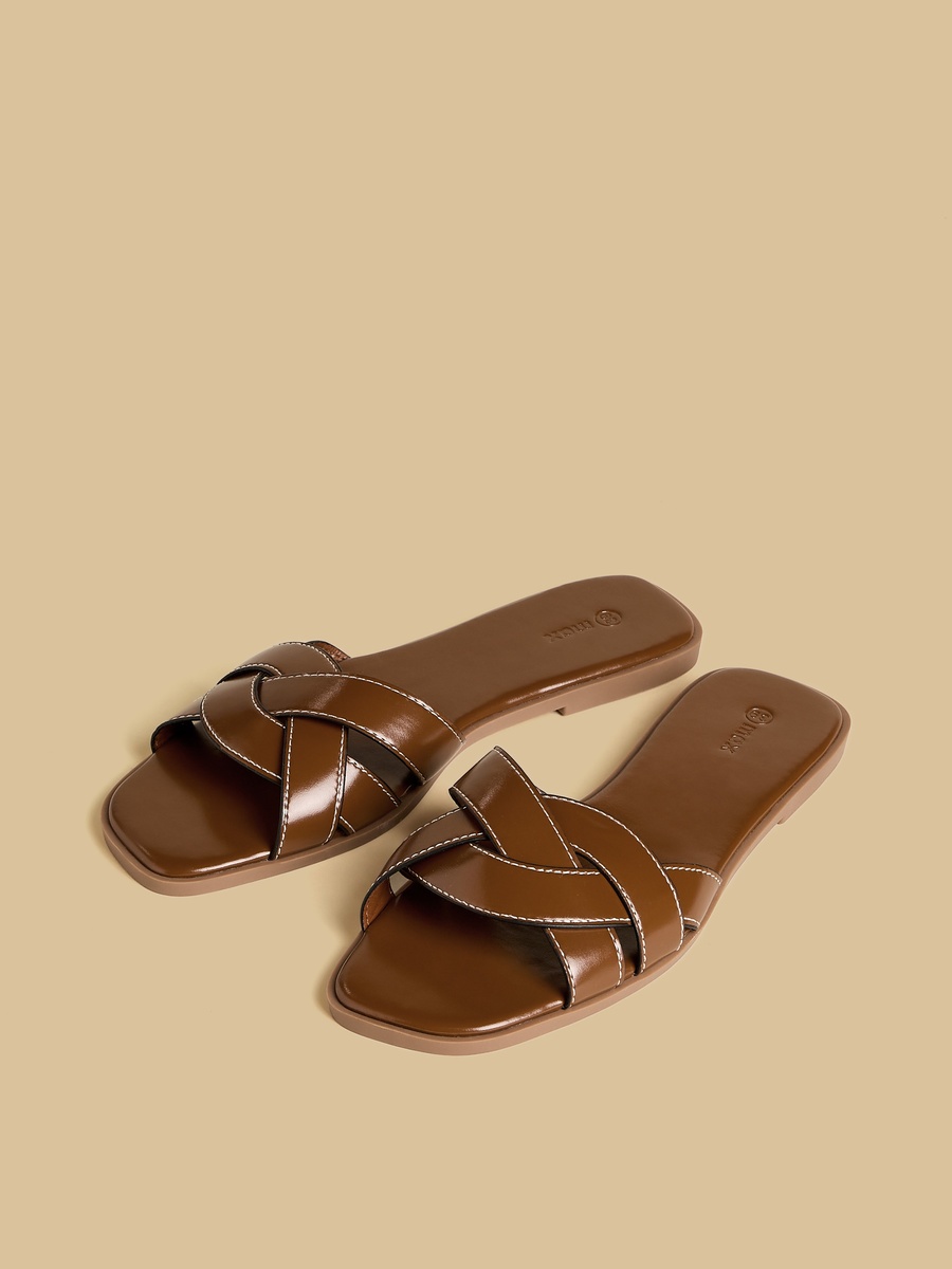 Textured Cross Strap Slip-On Flat Sandals