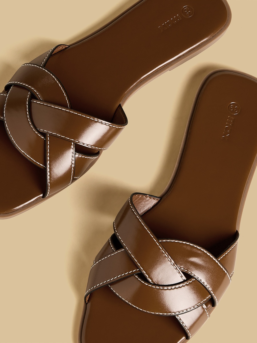 Textured Cross Strap Slip-On Flat Sandals