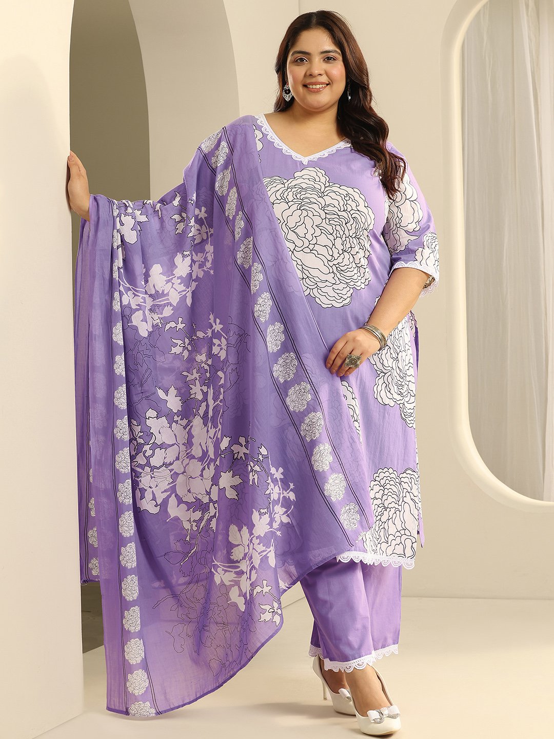 Plus Size Lavender Printed Cotton Straight Kurta, Trousers and Dupatta Set