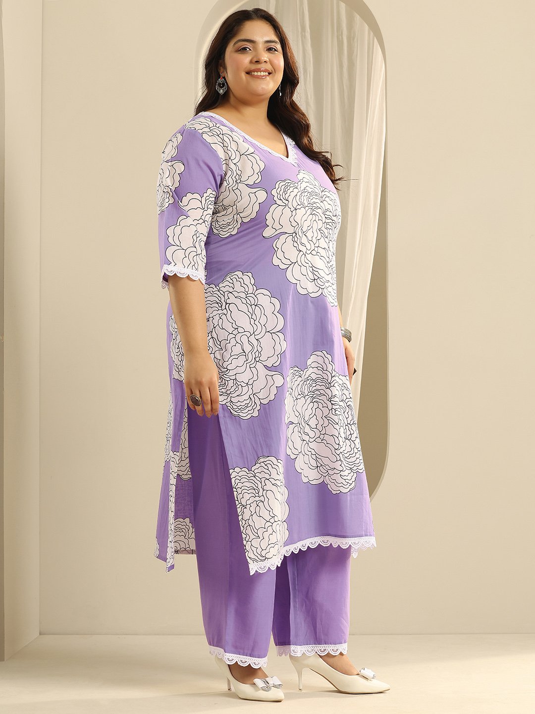 Plus Size Lavender Printed Cotton Straight Kurta, Trousers and Dupatta Set