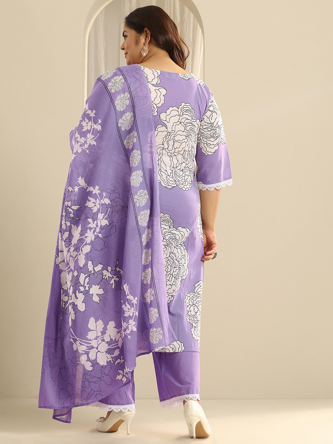 Plus Size Lavender Printed Cotton Straight Kurta, Trousers and Dupatta Set
