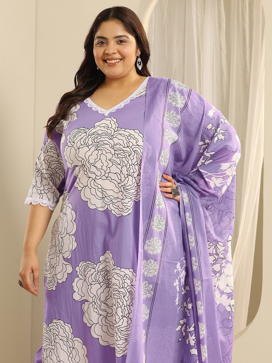 Plus Size Lavender Printed Cotton Straight Kurta, Trousers and Dupatta Set