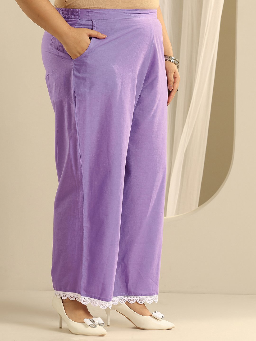 Plus Size Lavender Printed Cotton Straight Kurta, Trousers and Dupatta Set