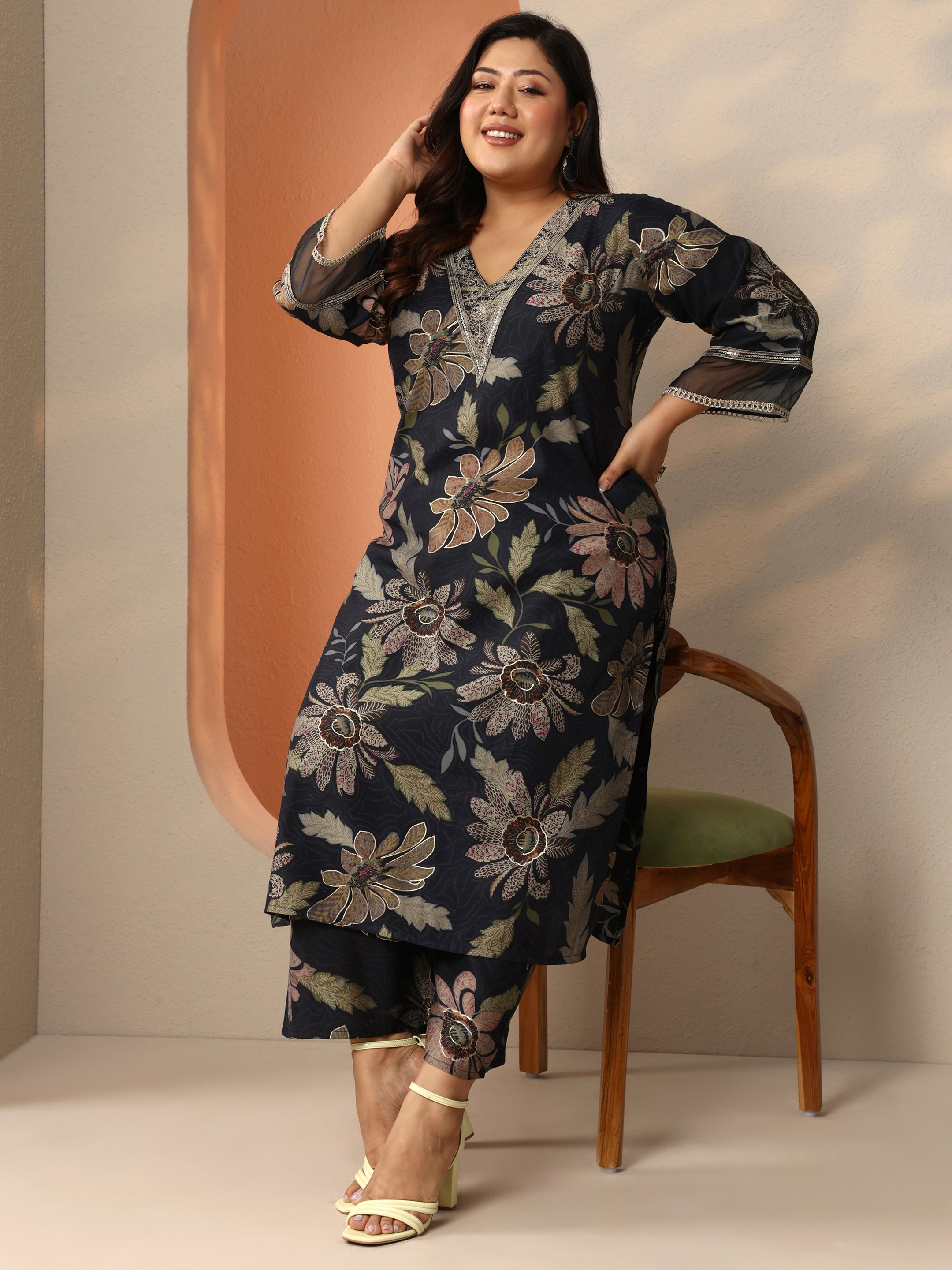 Plus Size Black Printed Silk blend Straight Co-Ord Set