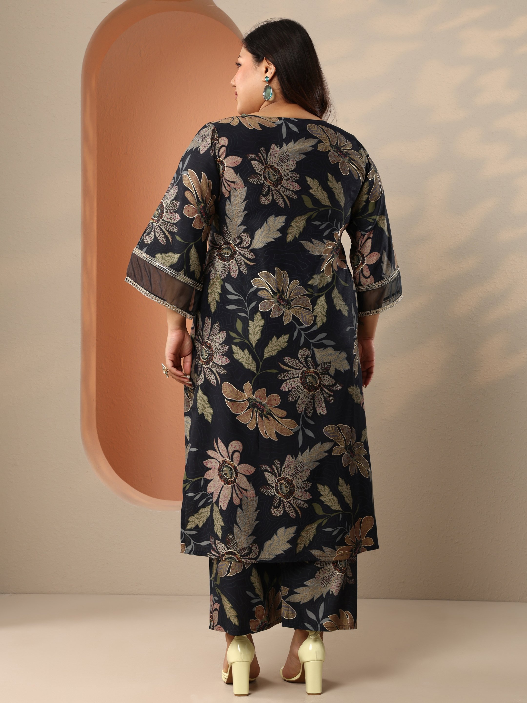 Plus Size Black Printed Silk blend Straight Co-Ord Set