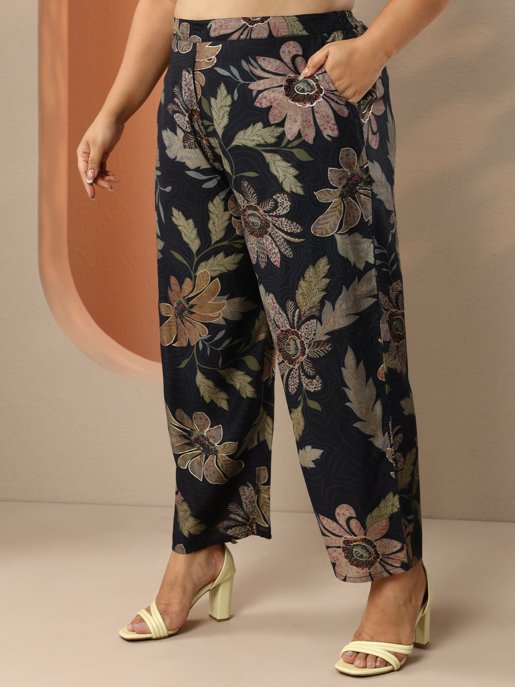 Plus Size Black Printed Silk blend Straight Co-Ord Set