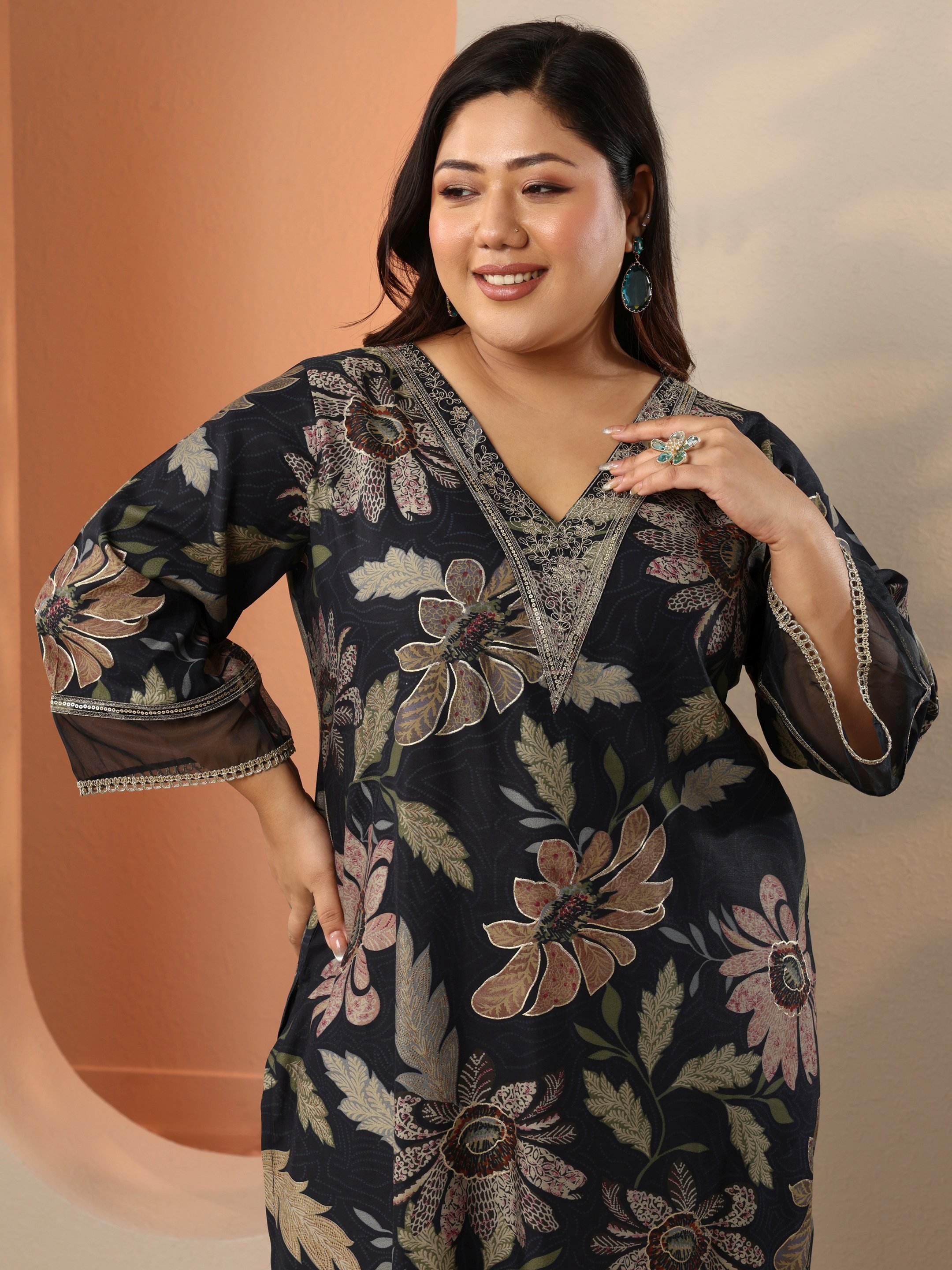Plus Size Black Printed Silk blend Straight Co-Ord Set