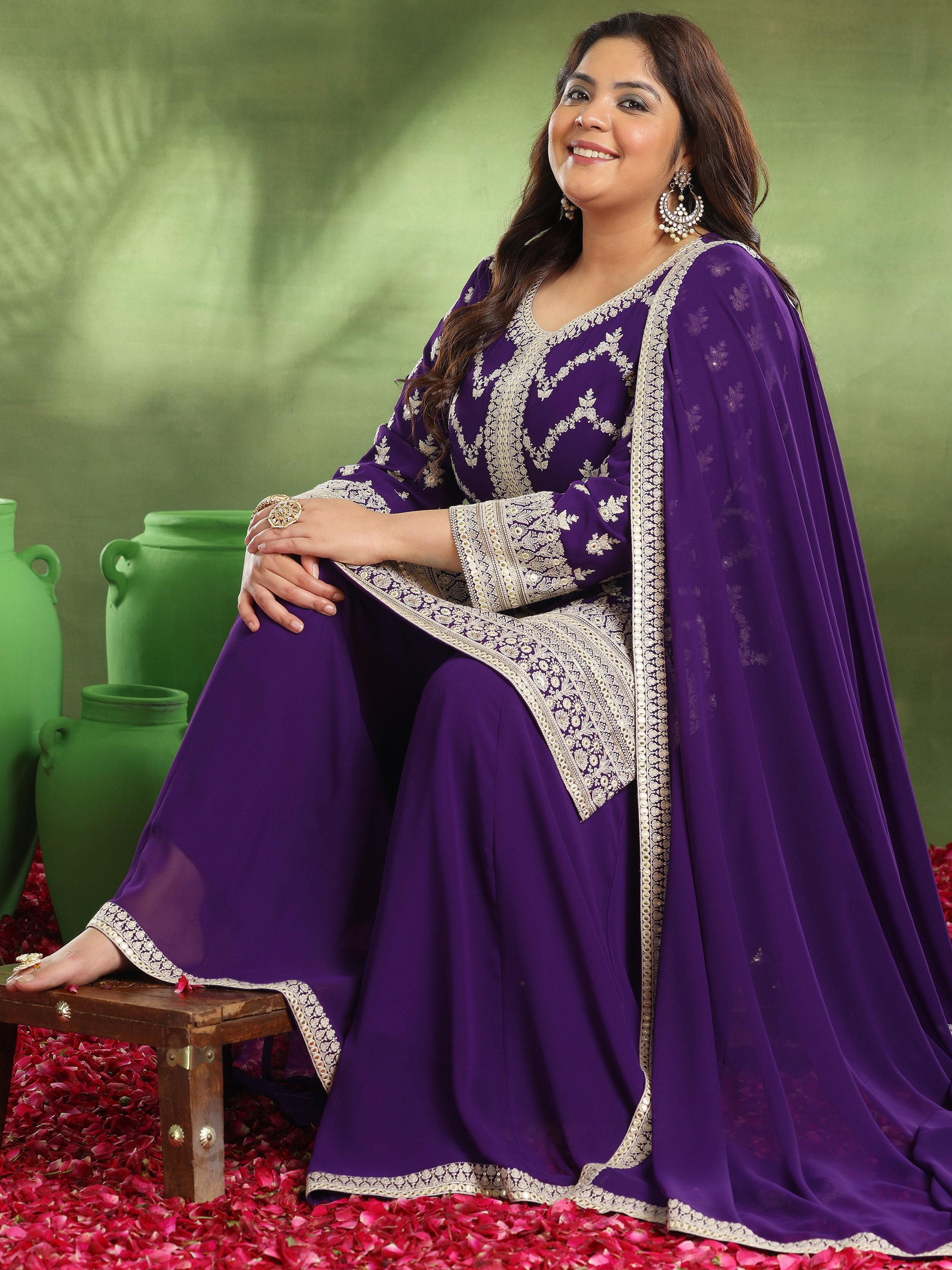 Plus Size Purple Embroidered Georgette Straight Kurta, Palazzos and Dupatta Set