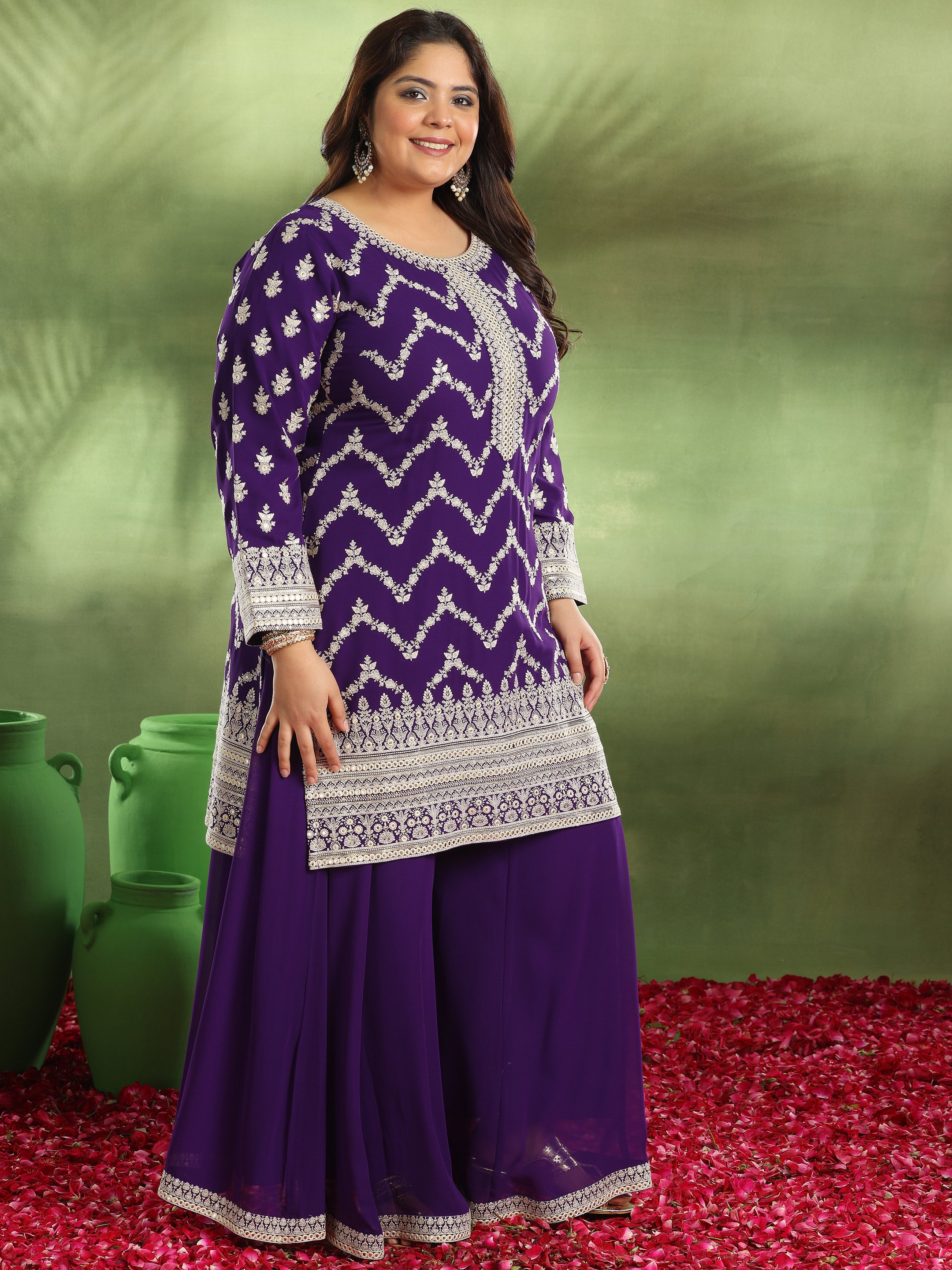 Plus Size Purple Embroidered Georgette Straight Kurta, Palazzos and Dupatta Set