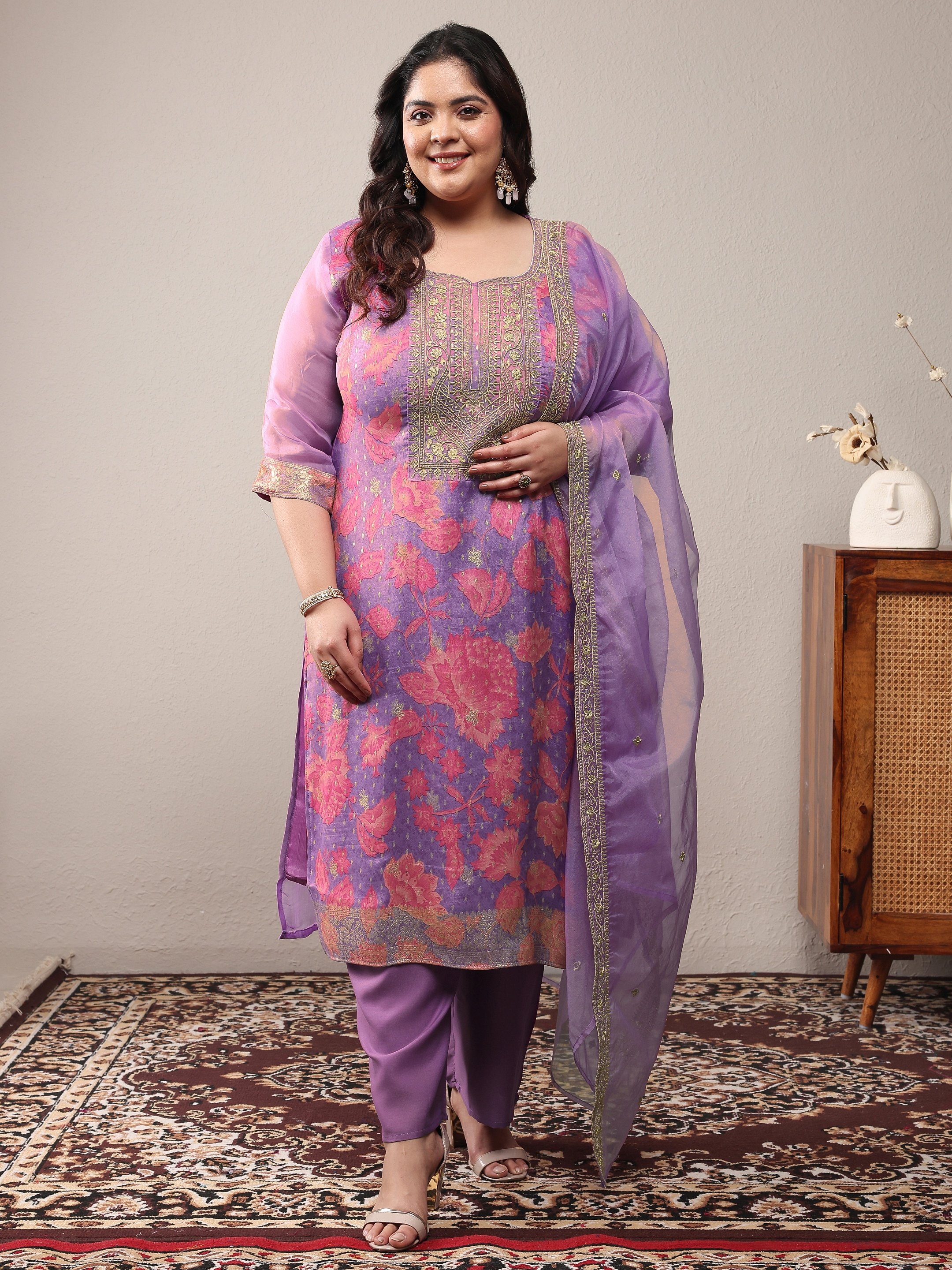 Plus Size Lavender Printed Silk Blend Straight Kurta, Trousers and Dupatta Set