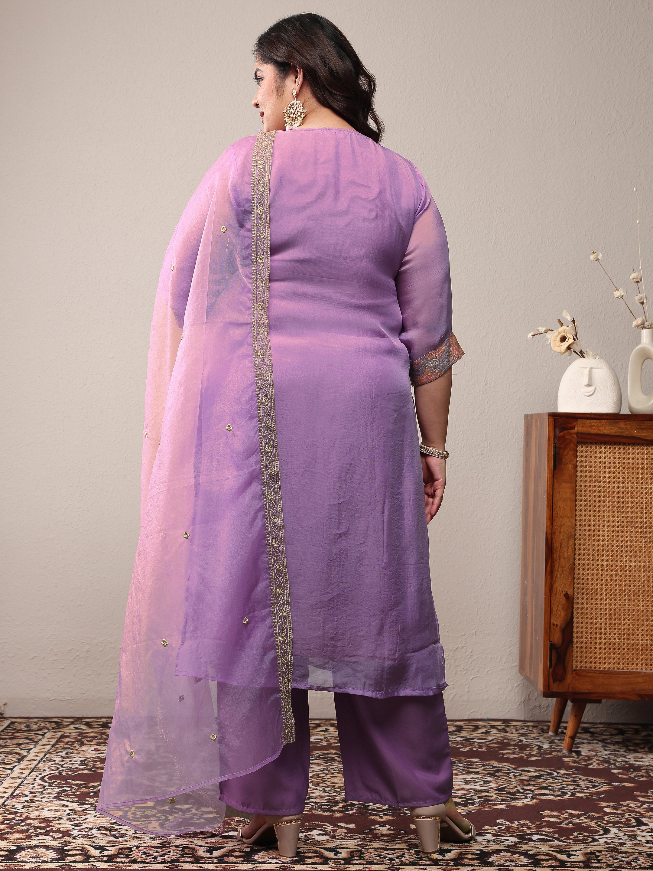 Plus Size Lavender Printed Silk Blend Straight Kurta, Trousers and Dupatta Set