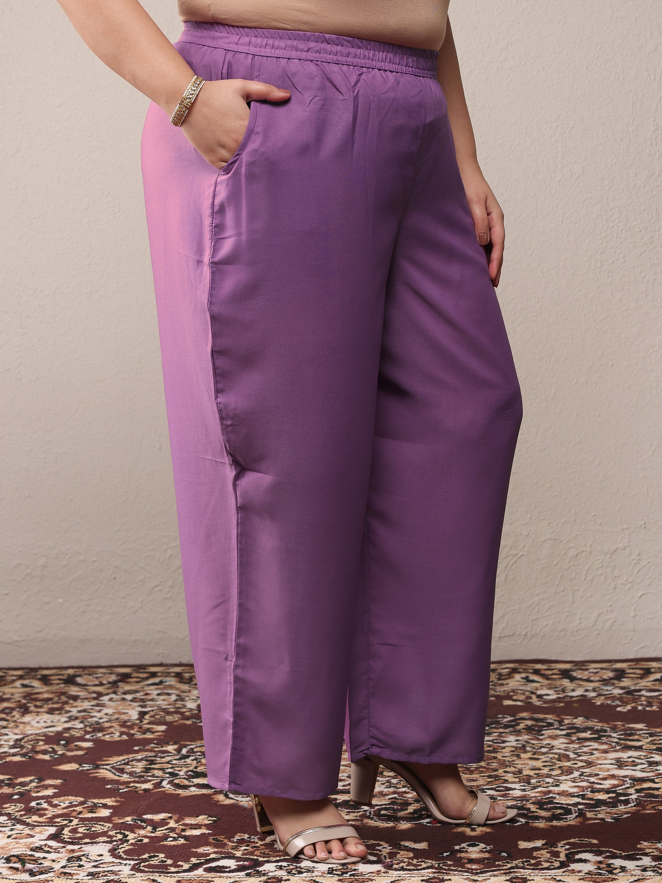 Plus Size Lavender Printed Silk Blend Straight Kurta, Trousers and Dupatta Set