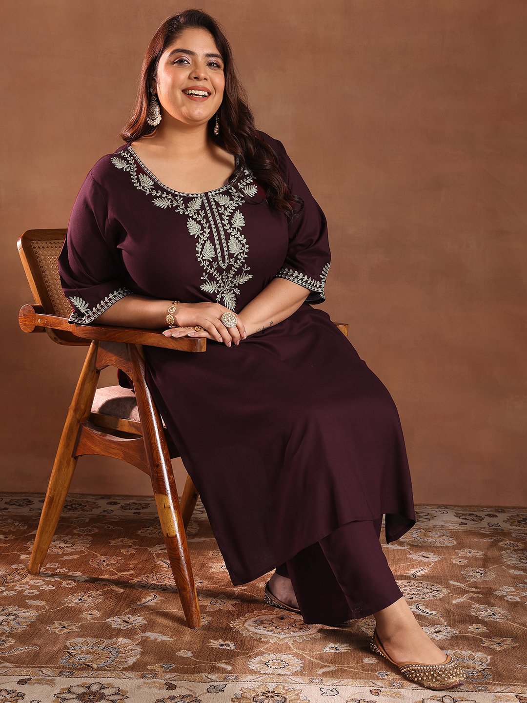 Plus Size Burgundy Yoke Design Viscose Straight Kurta and Palazzos Set