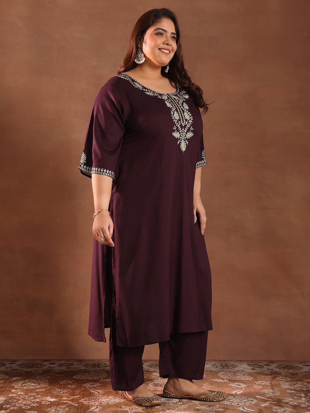 Plus Size Burgundy Yoke Design Viscose Straight Kurta and Palazzos Set