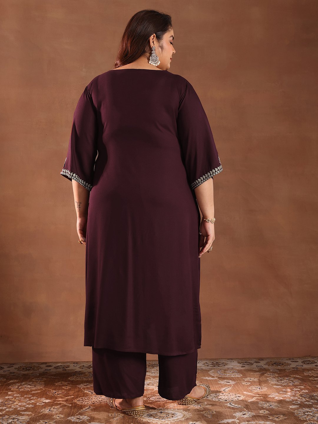 Plus Size Burgundy Yoke Design Viscose Straight Kurta and Palazzos Set