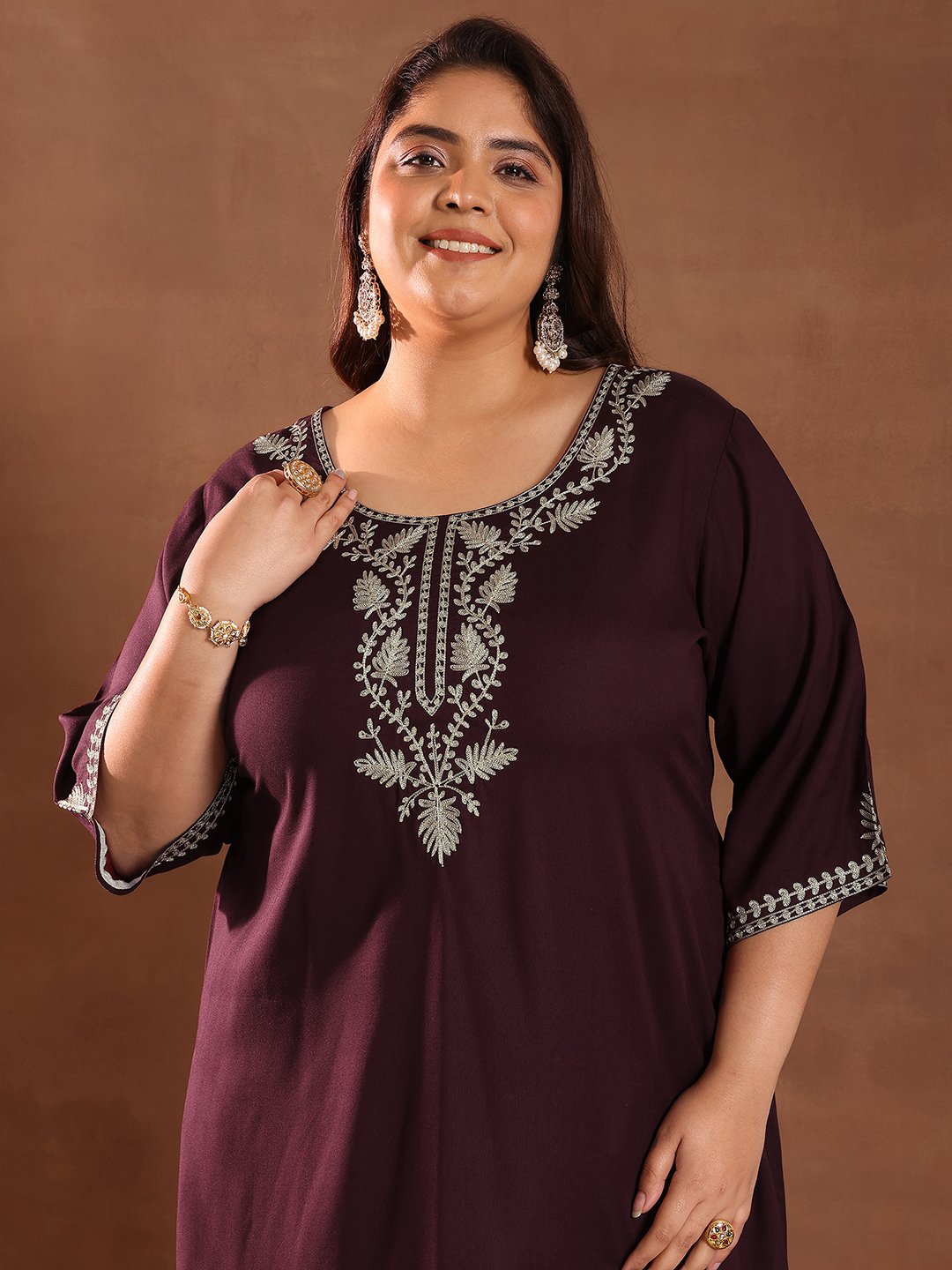 Plus Size Burgundy Yoke Design Viscose Straight Kurta and Palazzos Set