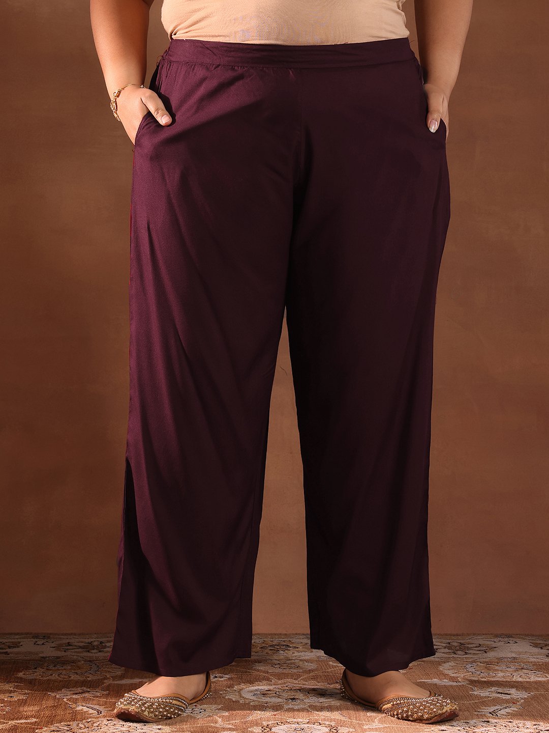 Plus Size Burgundy Yoke Design Viscose Straight Kurta and Palazzos Set