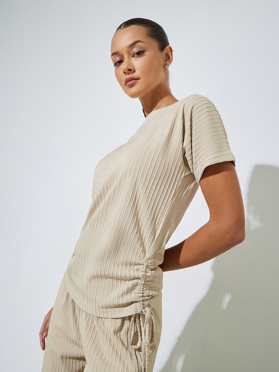 Cream Textured Side Ruched Details T-Shirt