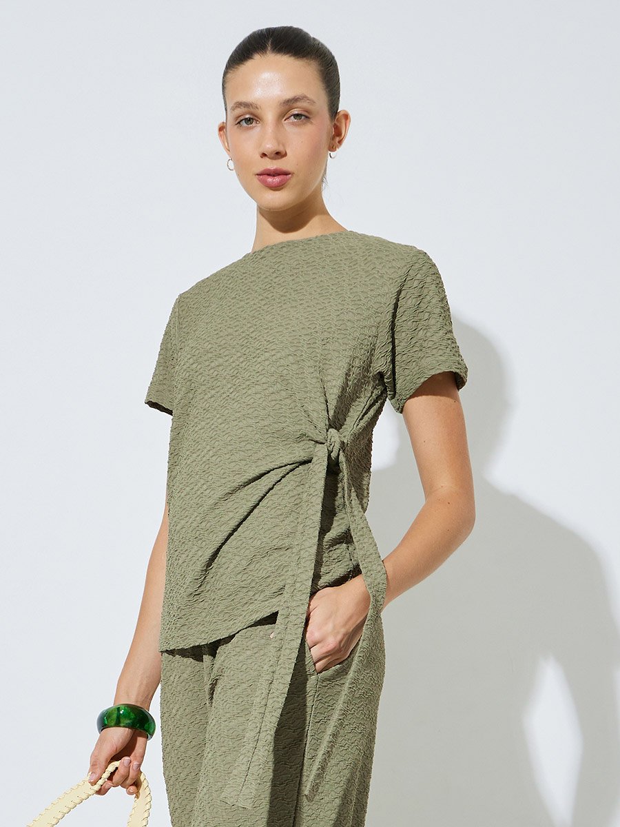 Green Textured Tie-Knot Detail T-Shirt