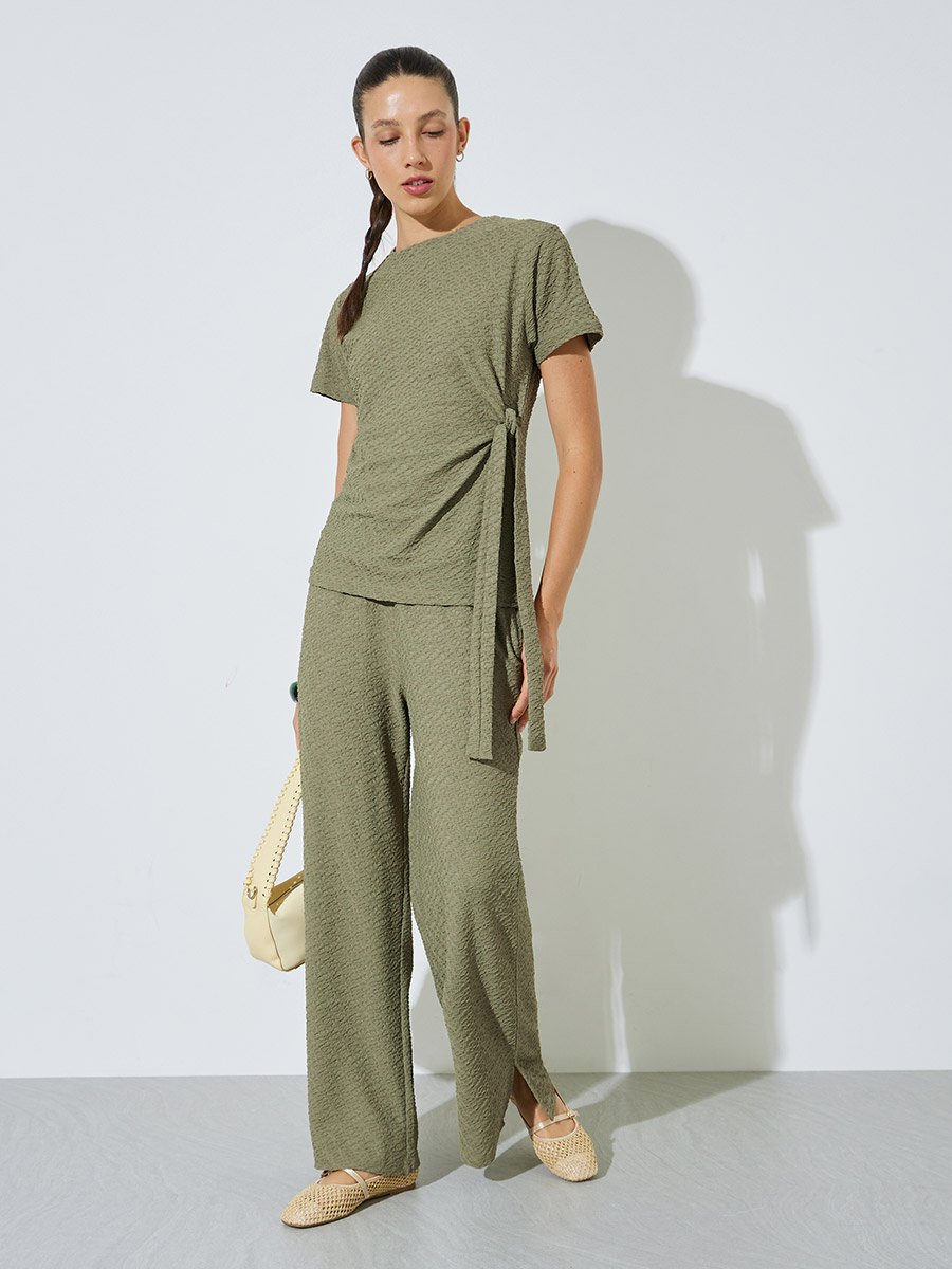 Green Textured Tie-Knot Detail T-Shirt