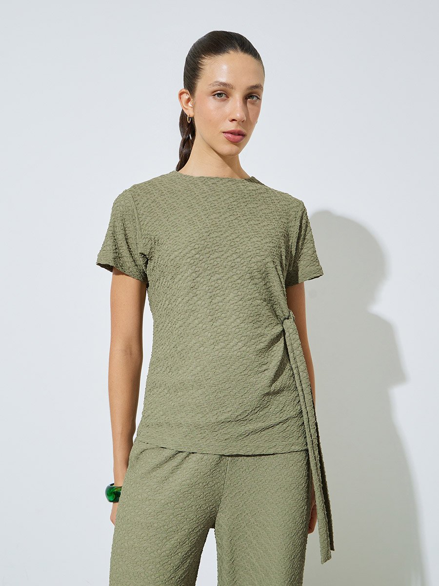 Green Textured Tie-Knot Detail T-Shirt