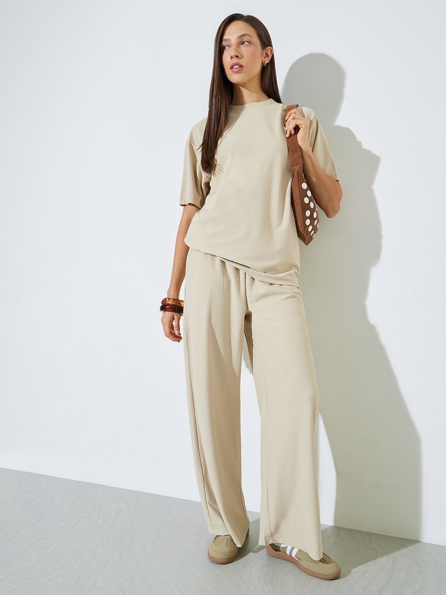 Cream Oversized Textured Round Neck T-Shirt