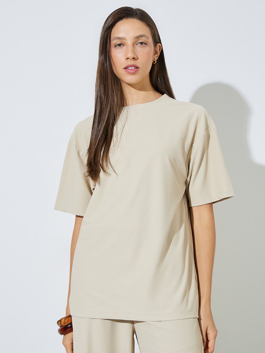 Cream Oversized Textured Round Neck T-Shirt