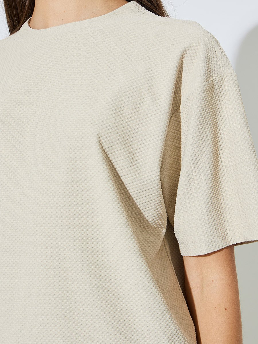 Cream Oversized Textured Round Neck T-Shirt