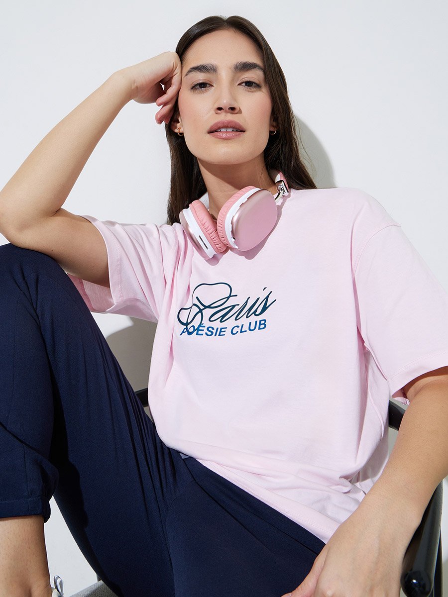 Pink Slogan Print Oversized Cotton T-Shirt