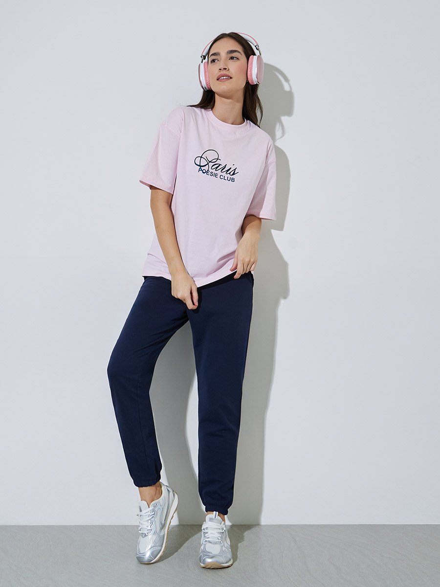 Pink Slogan Print Oversized Cotton T-Shirt