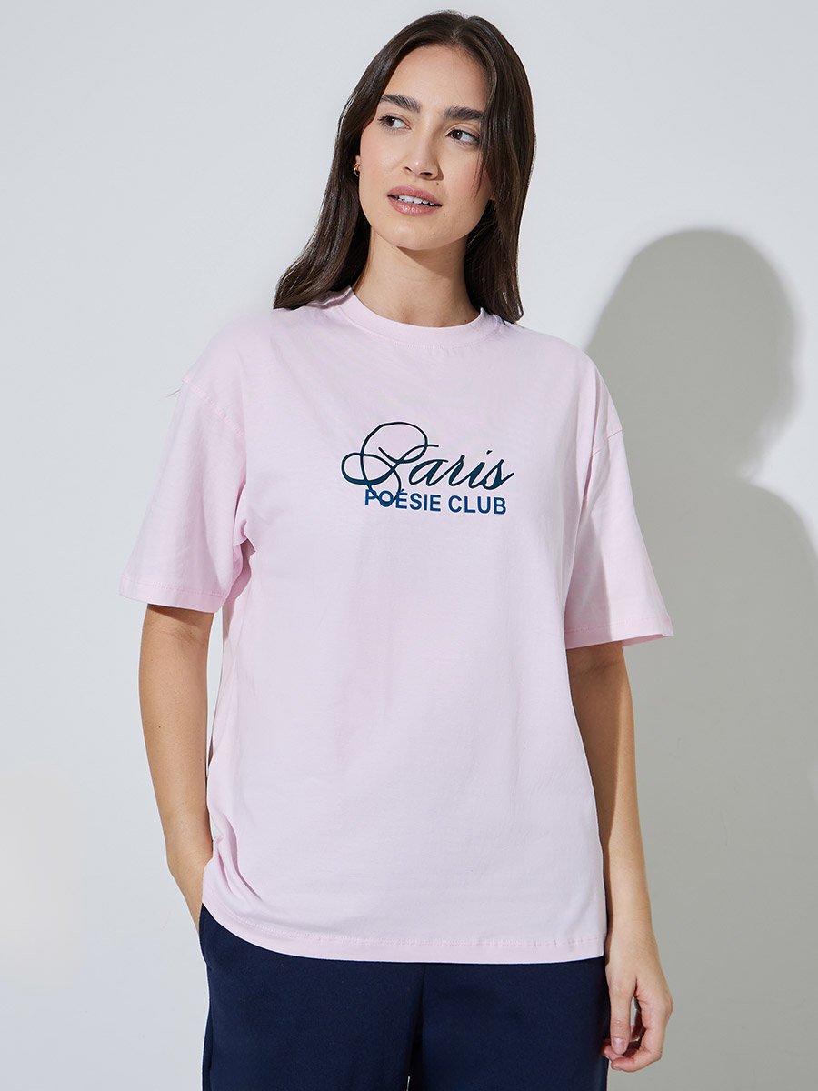 Pink Slogan Print Oversized Cotton T-Shirt