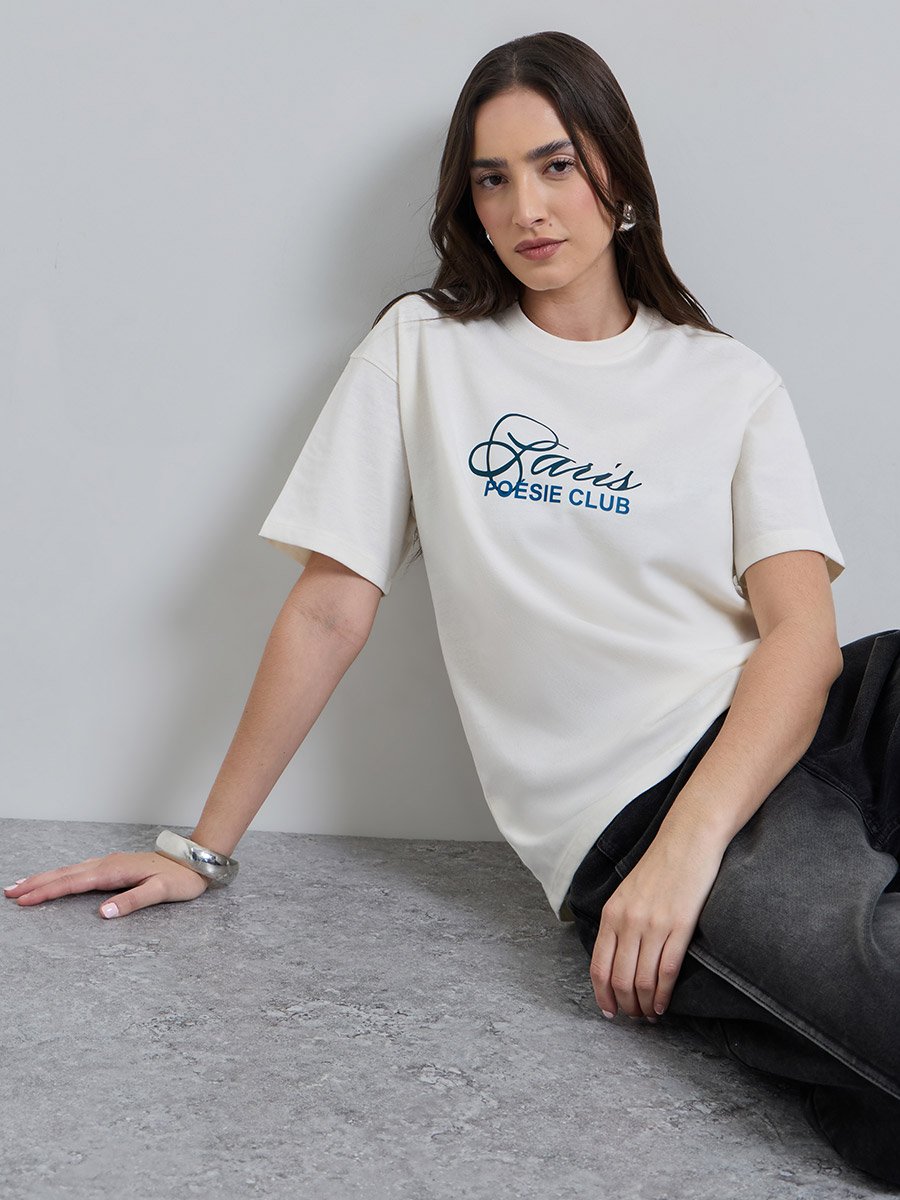 White Slogan Print Oversized Cotton T-Shirt