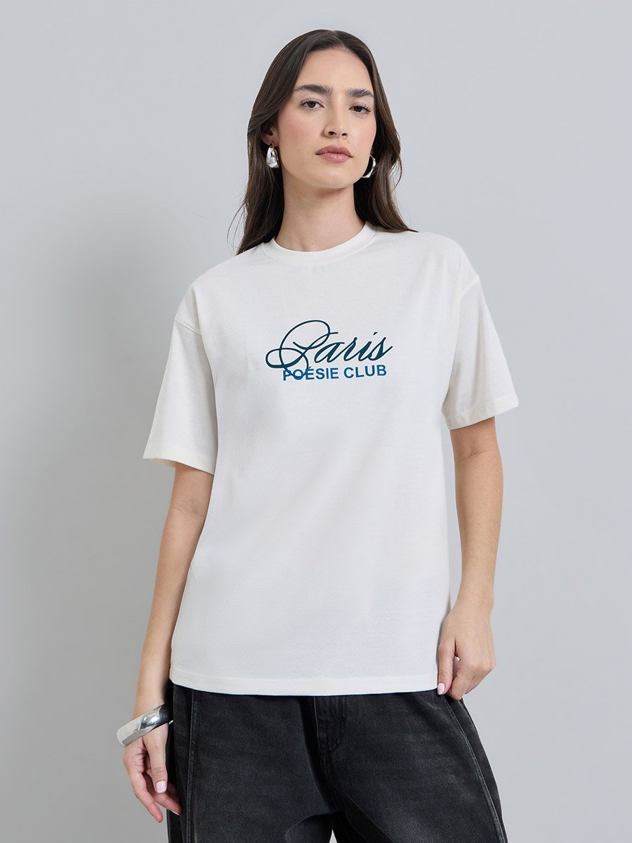 White Slogan Print Oversized Cotton T-Shirt