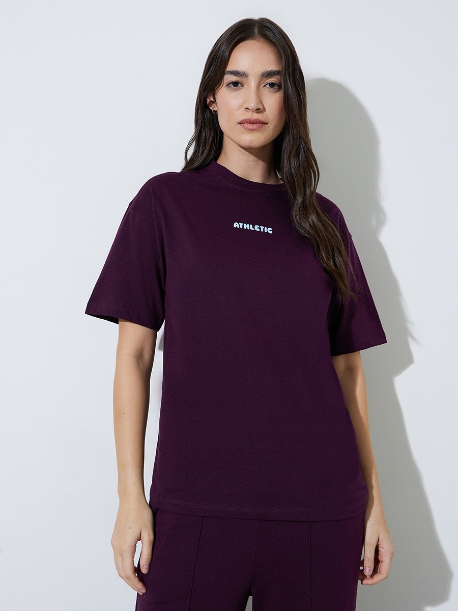 Burgundy Front and Back Slogan Print Oversized T-Shirt