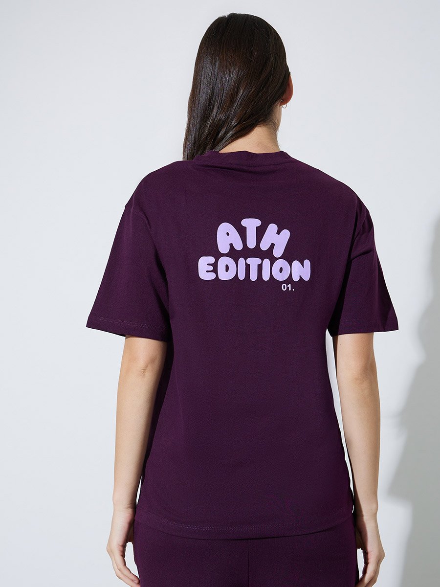 Burgundy Front and Back Slogan Print Oversized T-Shirt