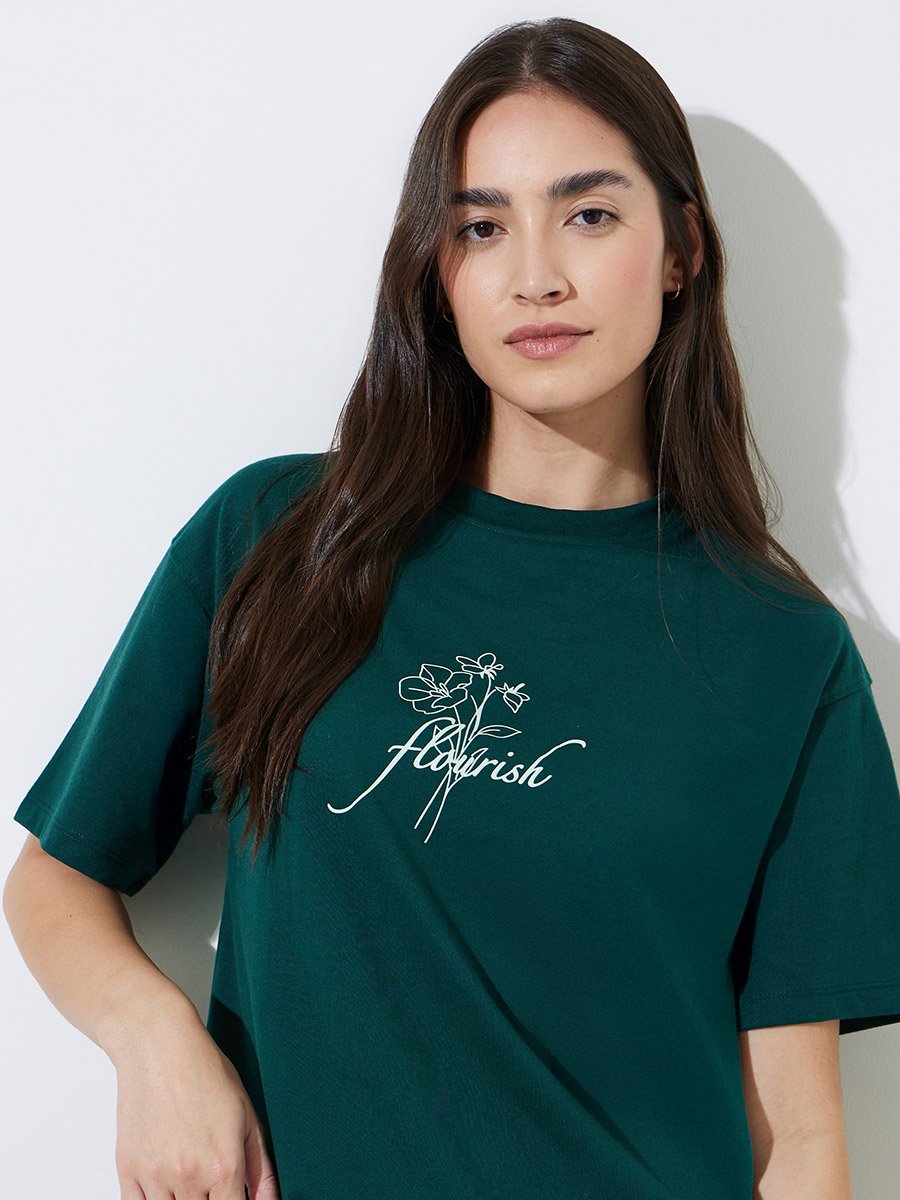 Green Slogan Print Oversized T-Shirt