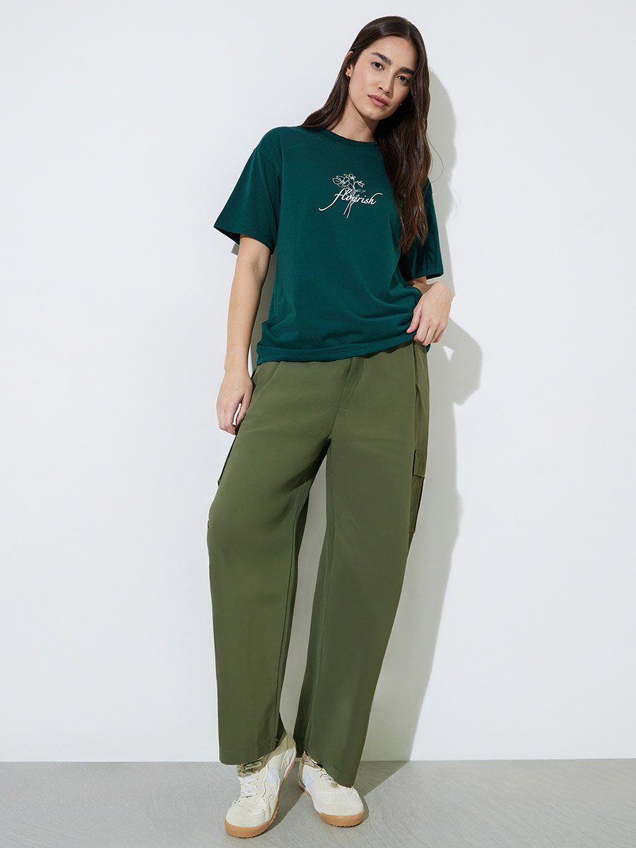 Green Slogan Print Oversized T-Shirt