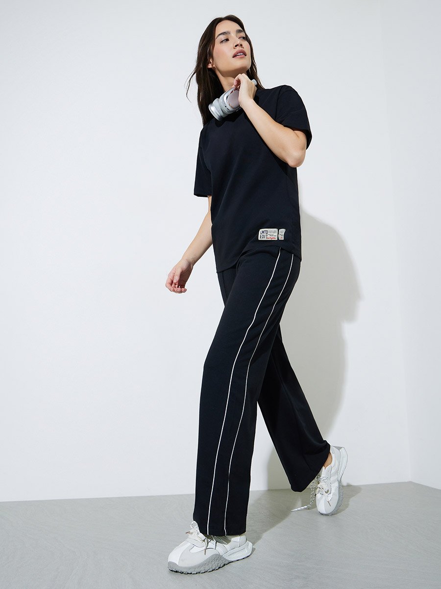 Black Wide Leg Joggers with Pintuck Detail