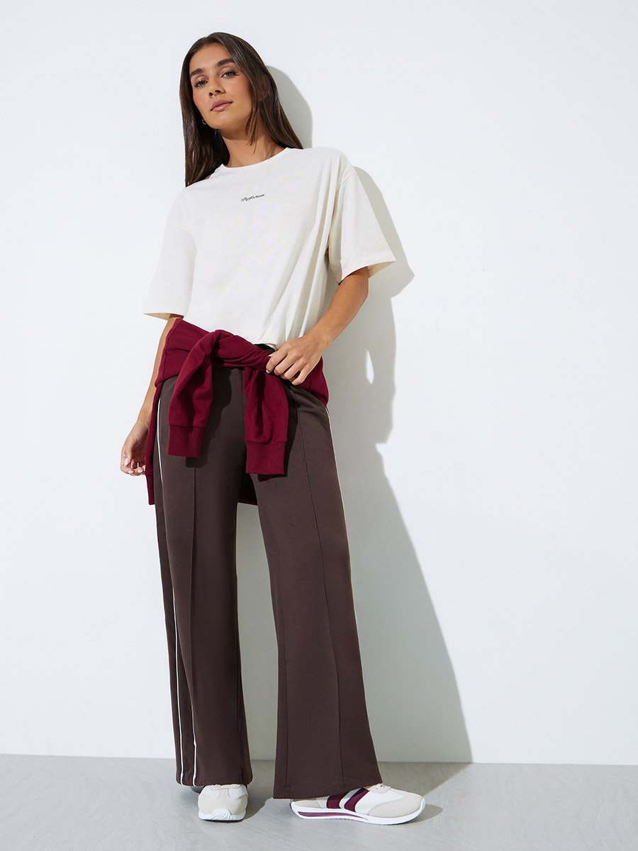 Coffee Brown Wide Leg Joggers with Pintuck Detail